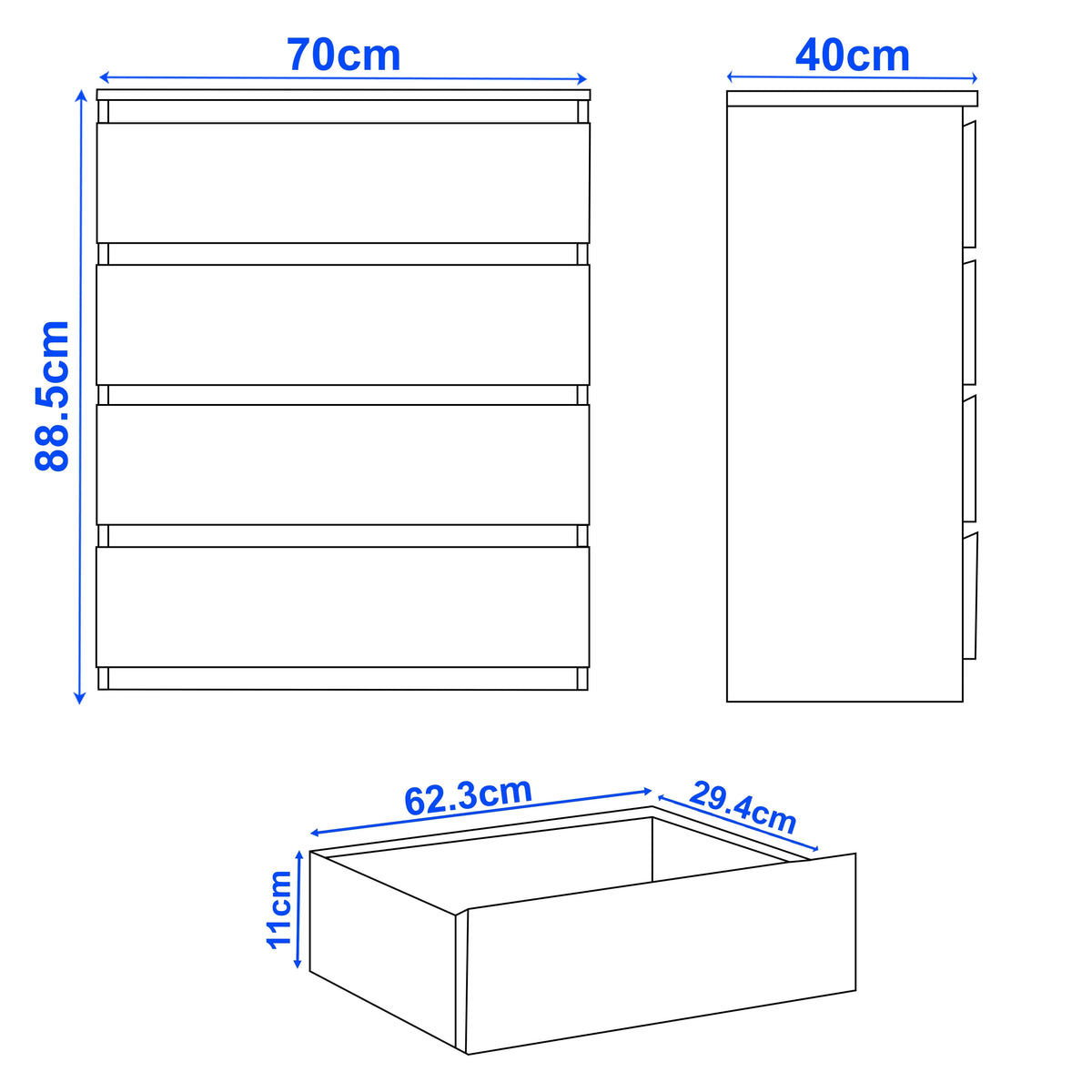 [White] Dimensions of a kitchen cabinet with measurements in centimeters