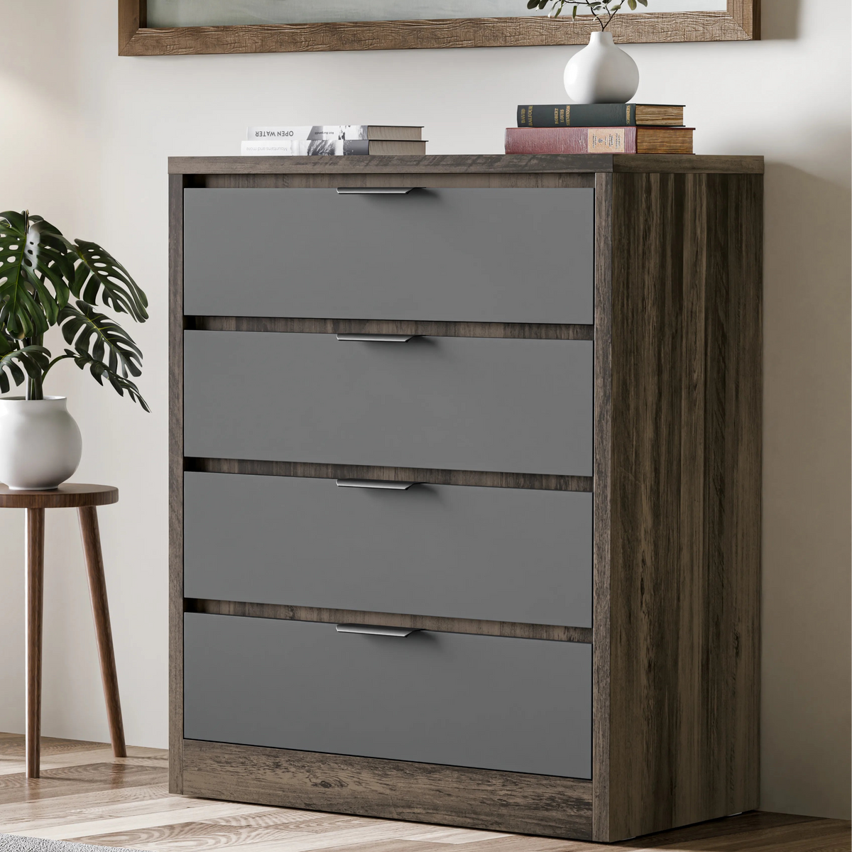 [Wooden Grey+Grey] Skova 4 drawer chest of drawers with oak frame and four grey drawer fronts, books and vase on top