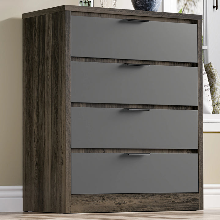 [Wooden Grey+Grey] side angle of Skova chest of drawers, oak frame with four grey drawer fronts closed