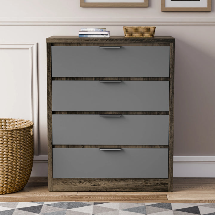[Wooden Grey+Grey] Skova 4 drawer chest of drawers in oak and grey shown straight on with all four drawers closed