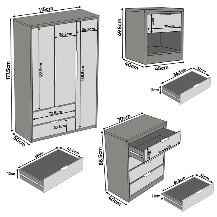 [Wooden Grey+Grey] Skova 4 Piece Bedroom Set with wardrobe, chest of drawers and bedside tables in grey finish, shown with detailed dimensions for each unit.
