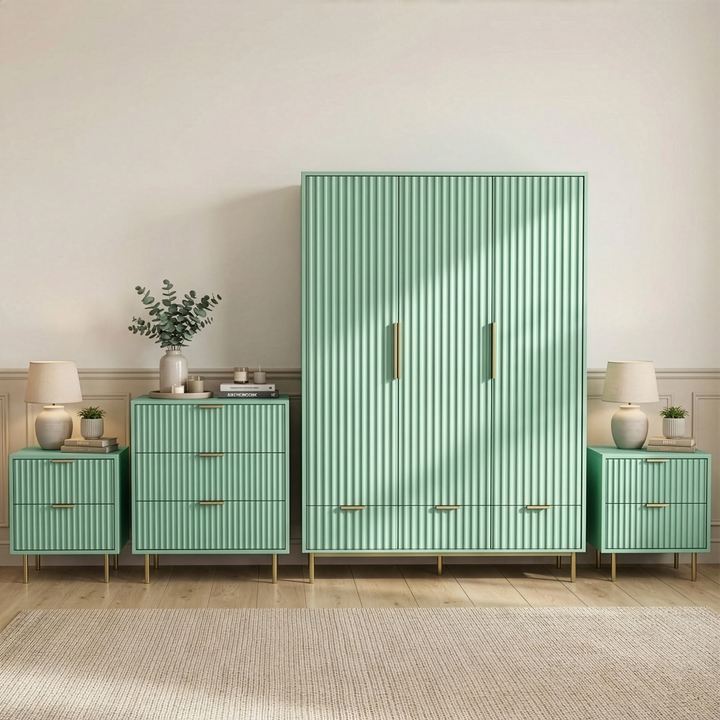 [Sage Green] Four-piece bedroom furniture set, including a wardrobe, chest of drawers, and two bedside cabinets placed in a room