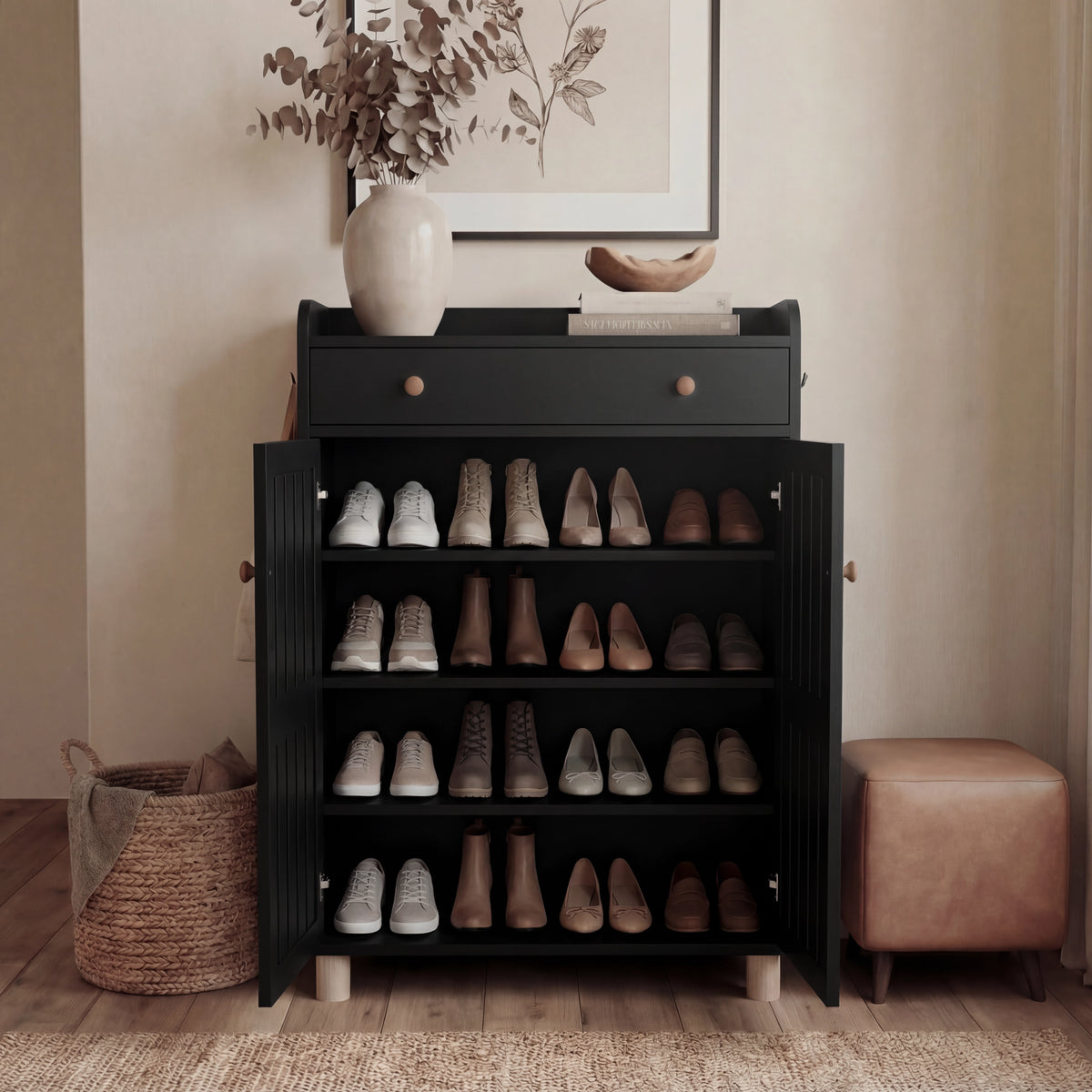 [Black] Black 4-tier shoe storage cabinet with both doors fully open showing four shelves of sneakers and heels