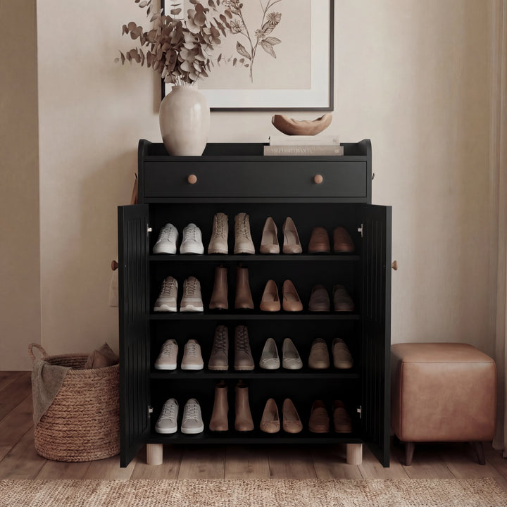 [Black] Black 4-tier shoe storage cabinet with both doors fully open showing four shelves of sneakers and heels