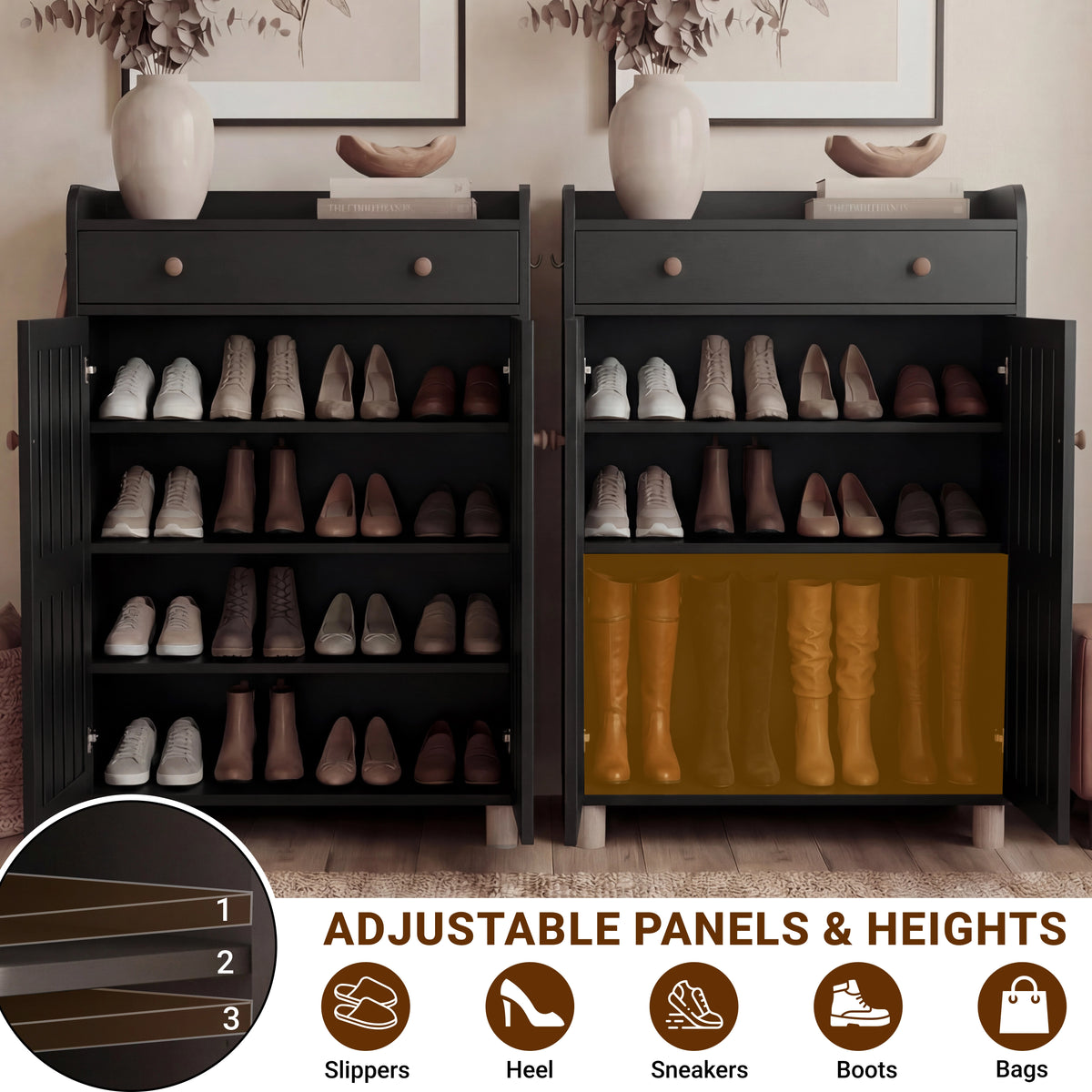 [Black] Pair view of the black shoe storage cabinet comparing the closed-door front and the doors-open interior