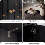 [Black] Construction detail montage of the black shoe storage cabinet: door slats, fenced top, anti-tip bracket and hinge