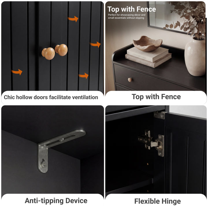 [Black] Construction detail montage of the black shoe storage cabinet: door slats, fenced top, anti-tip bracket and hinge