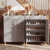 [Grey] Pair view of the grey shoe storage cabinet comparing the closed-door front and the doors-open interior