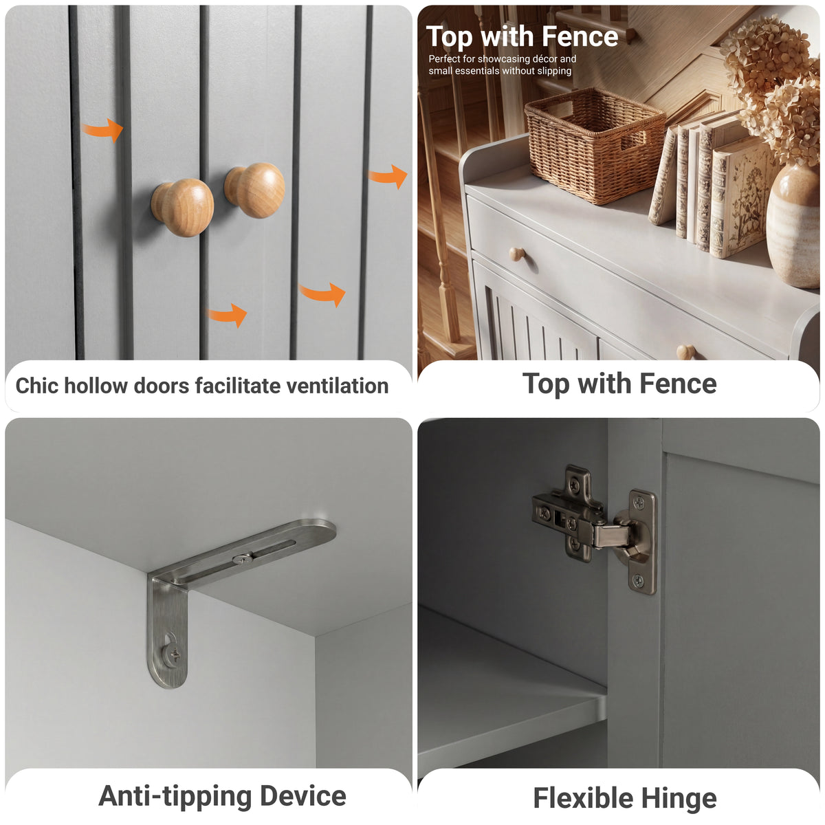 [Grey] Four-panel feature view of the grey shoe storage cabinet covering hollow doors, top fence, anti-tip bracket and hinge