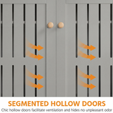 [Grey] Close-up of the grey shoe storage cabinet doors showing slatted hollow panels and round wooden knobs