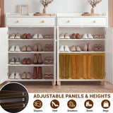 [White] White shoe storage cabinet shown with shelves rearranged so a lower compartment fits tall yellow boots