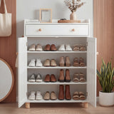 [White] Front view of white shoe storage cabinet, doors swung open to reveal four full shelves of mixed footwear
