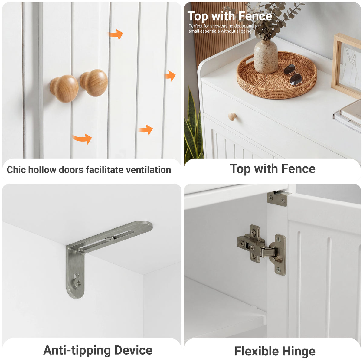 [White] Detail collage of the white shoe storage cabinet showing ventilation doors, fenced top, safety bracket and hinge