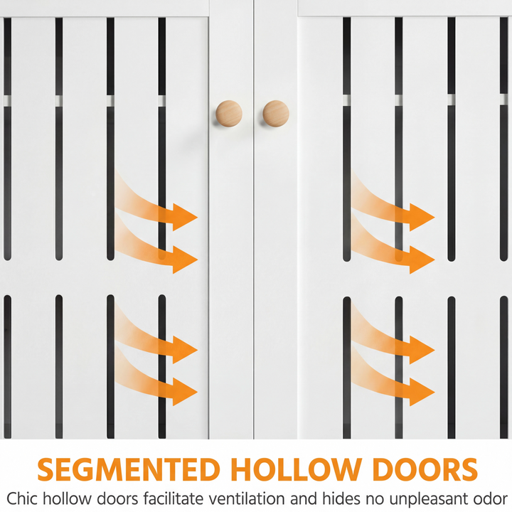 [White] Detail of the segmented hollow doors on the white shoe storage cabinet with arrows indicating airflow