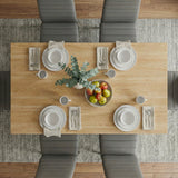 [4 Seater | Grey] Dining Table and Chairs Set seen from directly above with four place settings, linen napkins, cutlery, and a fruit and plant centrepiece