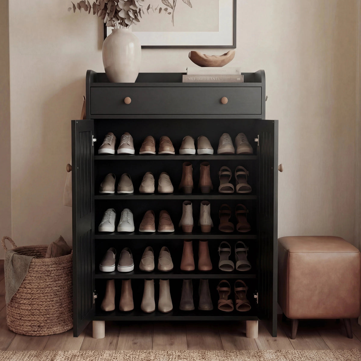 [Black] Both doors wide open showing all 5 shelves fully loaded with shoes from slippers to boots