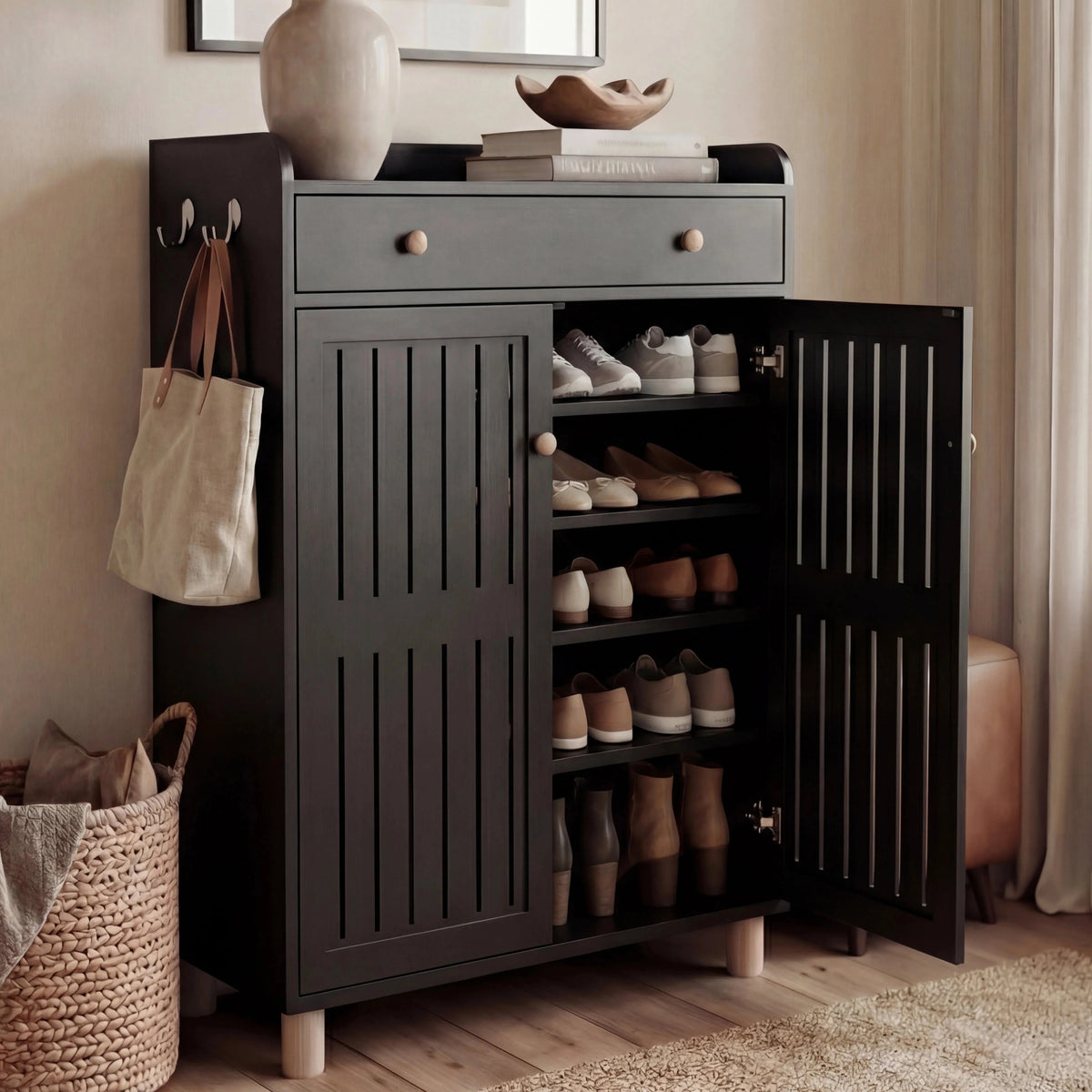 [Black] Right door open revealing 5 tiers of neatly arranged shoes with left door closed in warm hallway setting