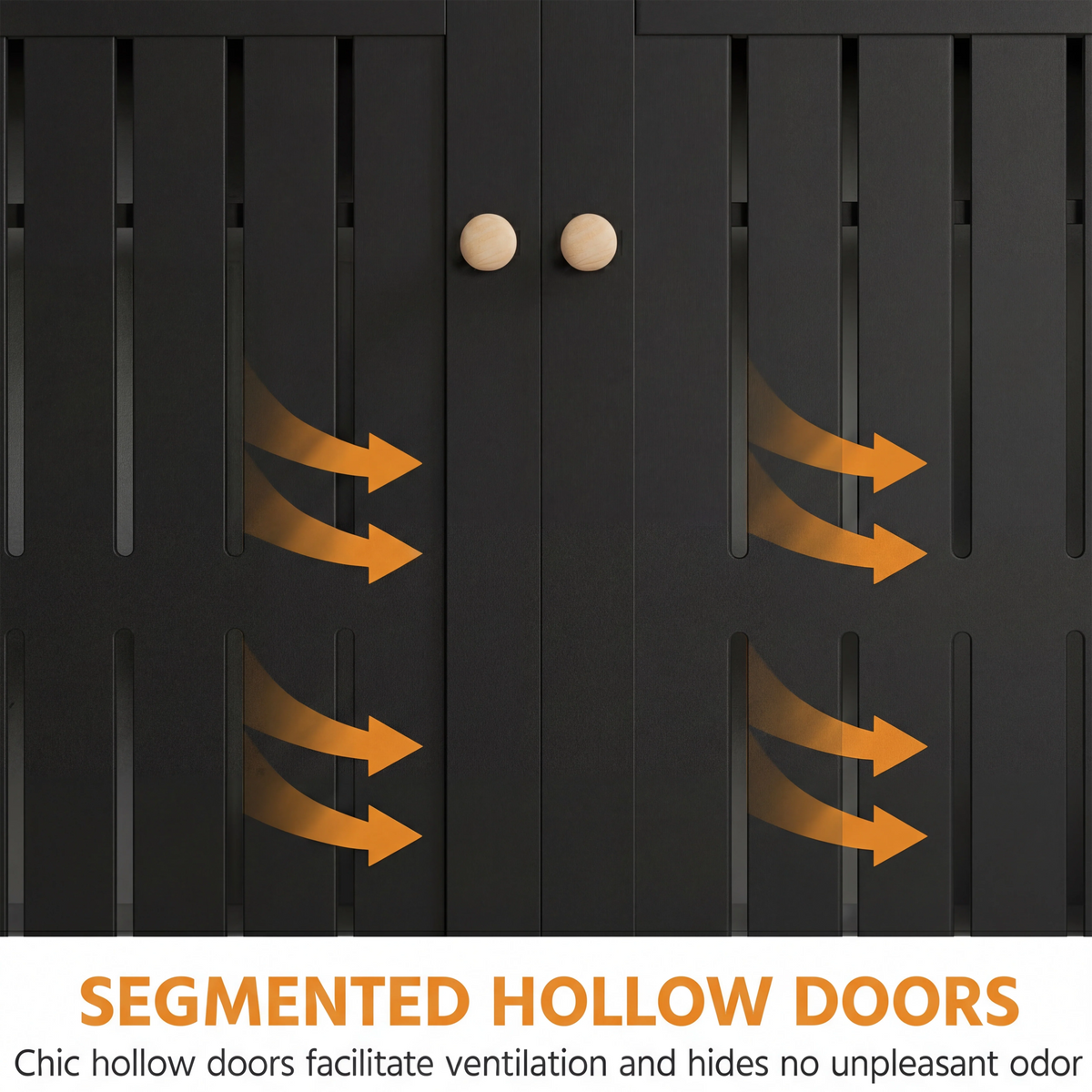 [Black] Close-up of segmented hollow slatted door panels with wooden knobs and orange airflow direction arrows