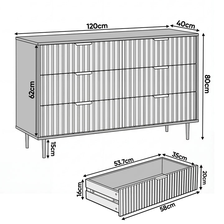 [Black] Dimension diagram of a black 6-drawer chest showing width 120 cm, depth 40 cm, height 62 cm, and drawer sizes