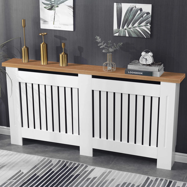 [Extra Large | White] White radiator cover with oak top and vertical slatted design in hallway setting, ideal for modern home décor and heating efficiency.