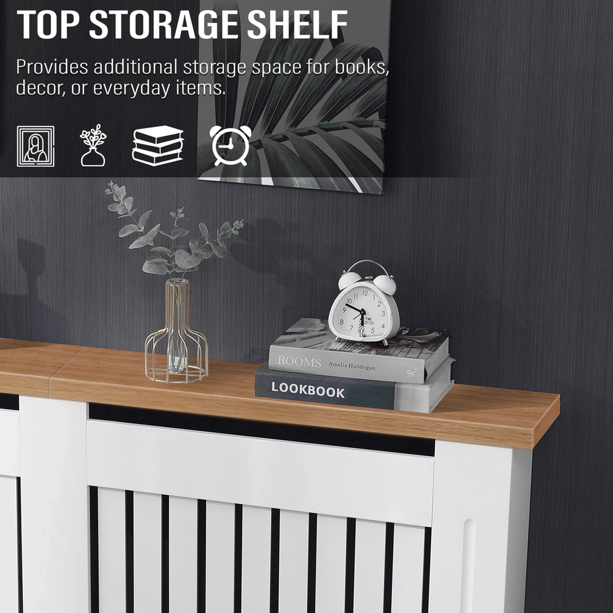 [Extra Large | White] Radiator cover with oak top used as a storage shelf for books and decor, combining functionality with stylish home heating.