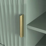 [Sage Green] Close-up of brass flat handle on sage green fluted door of 180cm TV unit, showing vertical groove detail.