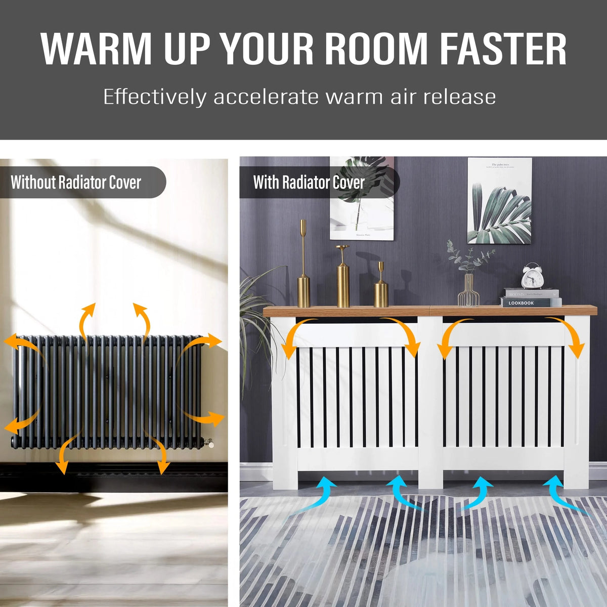 [Extra Large | White] Comparison of radiator with and without cover, highlighting improved heat distribution using vertical slatted radiator cover with oak top.