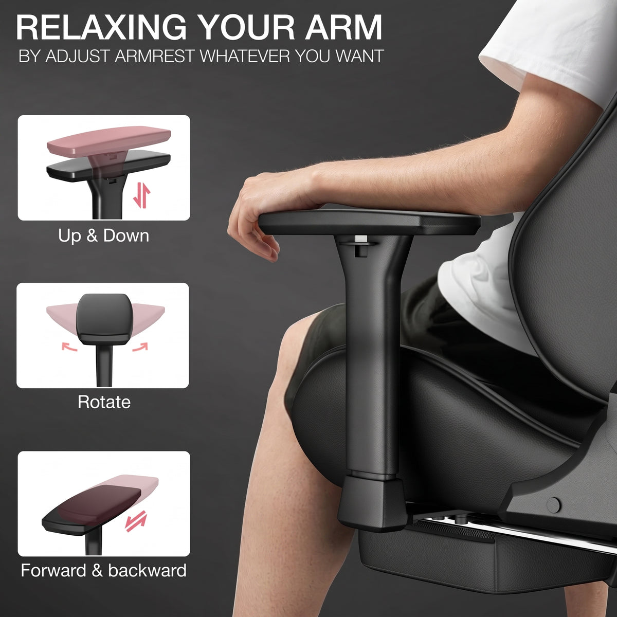[Dark Grey + Light Grey] Close-up graphic demonstrating the multi-directional adjustments of the gaming chair armrest.