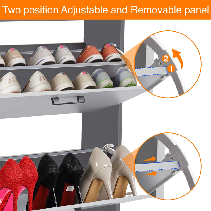 [Dark Grey & Sliver Grey] This footwear cupboard features pull-down drawers with adjustable dividers shown in two height configurations.