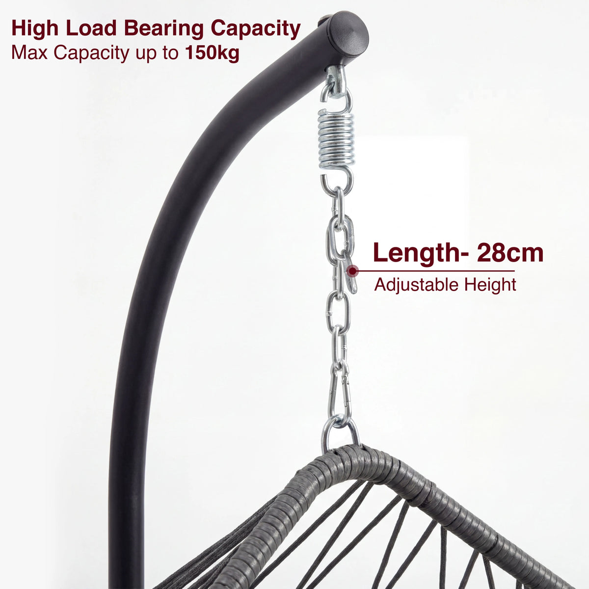 [Grey] Close-up of black egg chair stand top with spring and 28cm adjustable chain above grey rattan