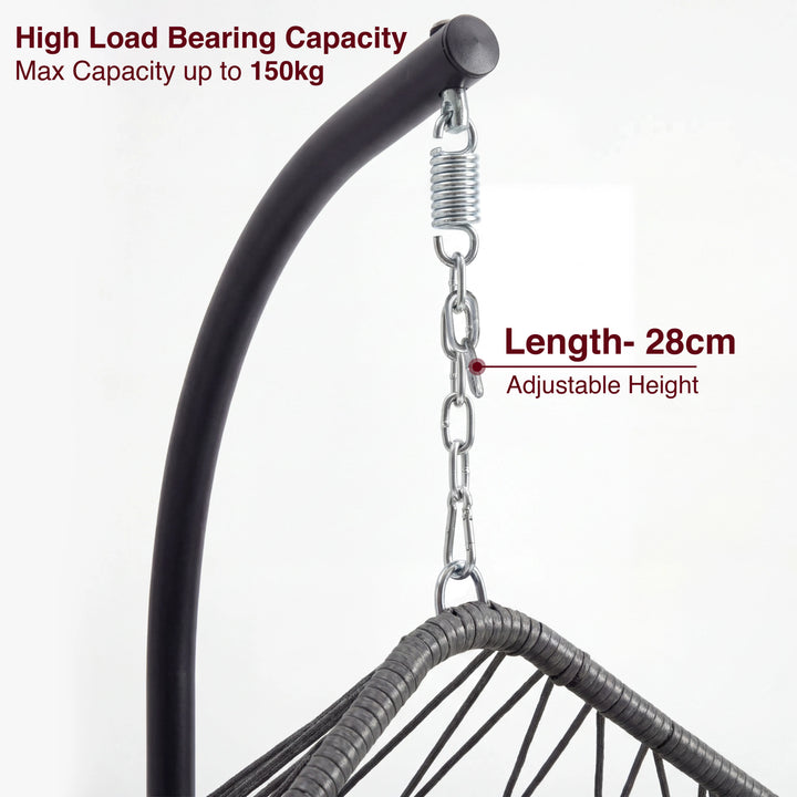 [Grey] Close-up of black egg chair stand top with spring and 28cm adjustable chain above grey rattan