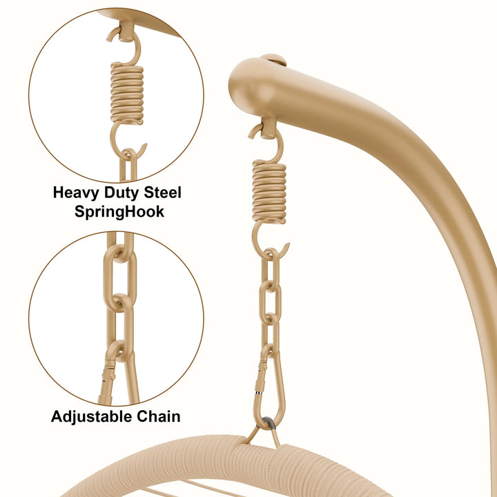 [Beige] Adjustable hanging egg chair with heavy-duty steel spring hook for secure and flexible suspension.