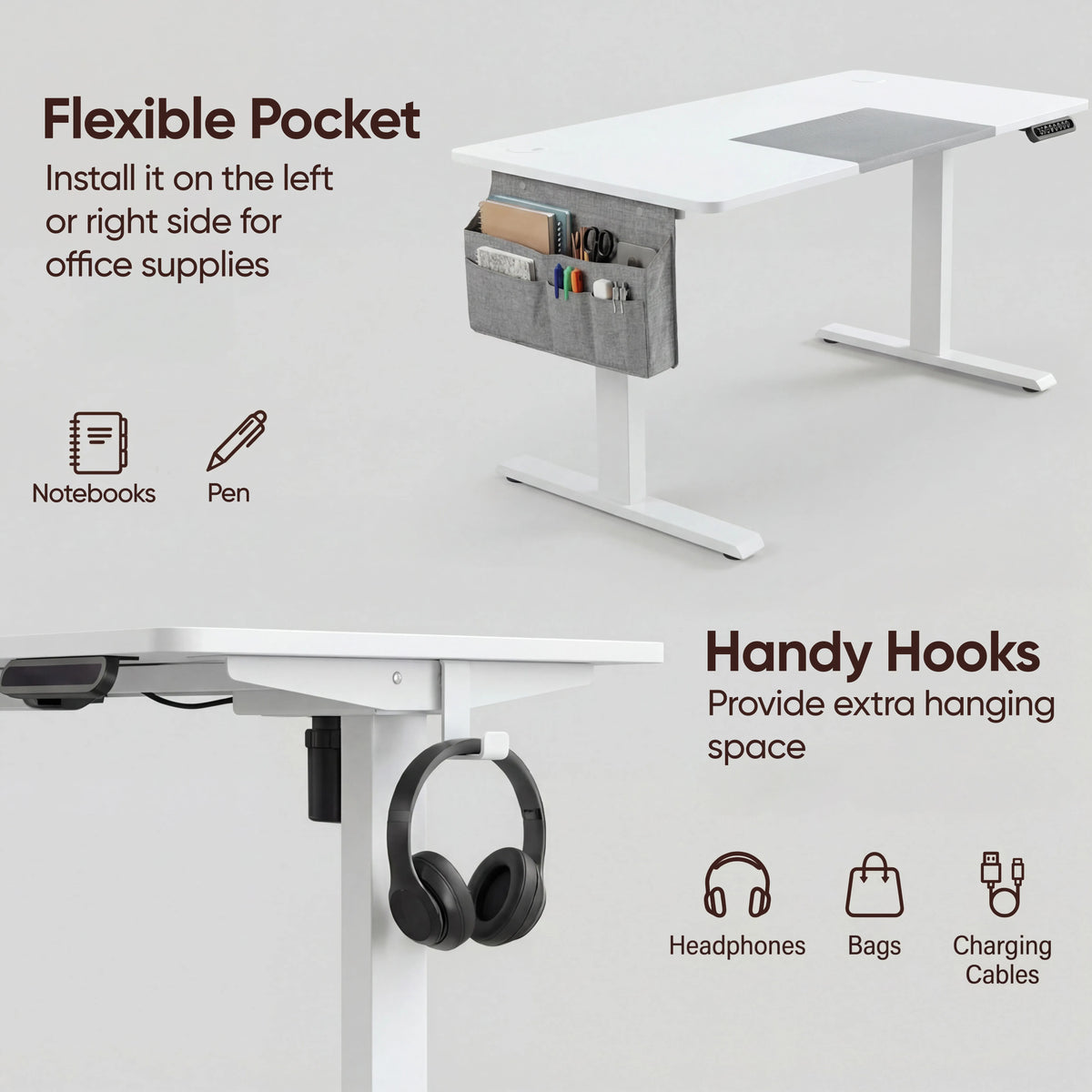 [160cm x 70cm] Pocket and hook detail on 160x70cm white electric standing desk with notebooks, pen and headphones