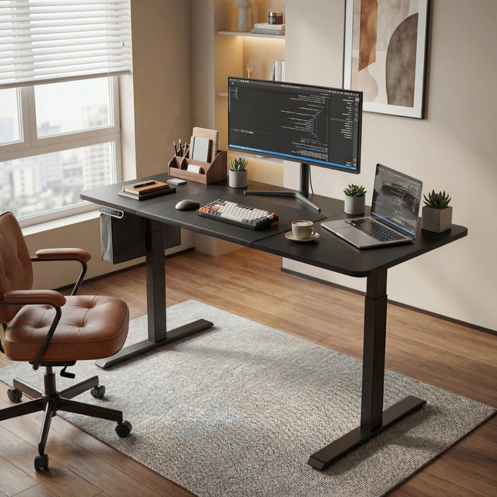 [160cm x 70cm] angled view of 160cm black electric desk by window with chair, framed wall art and floor rug below