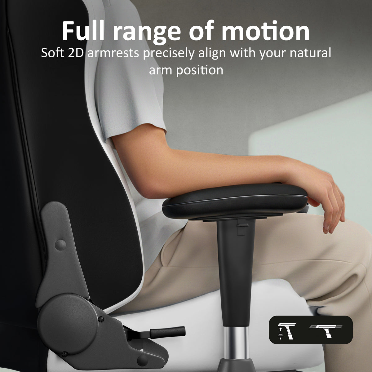 [Black] Person sitting on a ergonomic chair with text highlighting full range of motion and soft armrests.