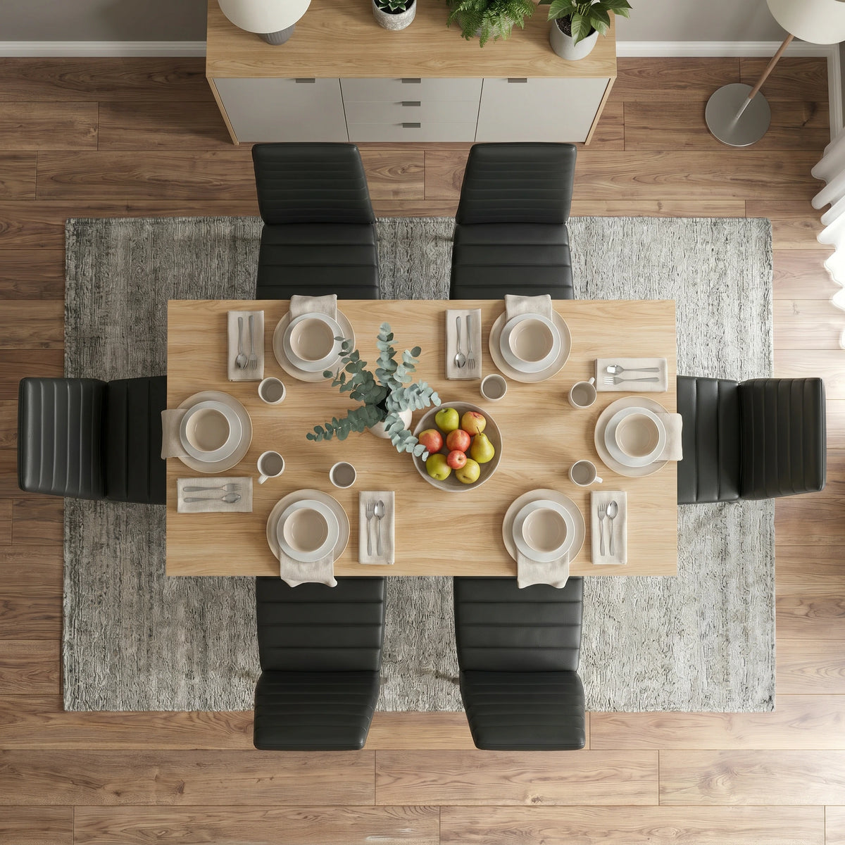 [6 Seater | Black] White & Pine 4-6 Seater Dining Table and Chairs Set top-down aerial look illustrating a symmetrical layout with six high-back black leather chairs