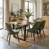 [6 Seater | Green] 6 green Aldridge chairs around the oak parquet dining table with sideboard and shelving behind.