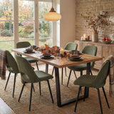 [6 Seater | Green] Autumn dining scene on Aldridge oak parquet table with 6 green chairs and orange foliage decor.