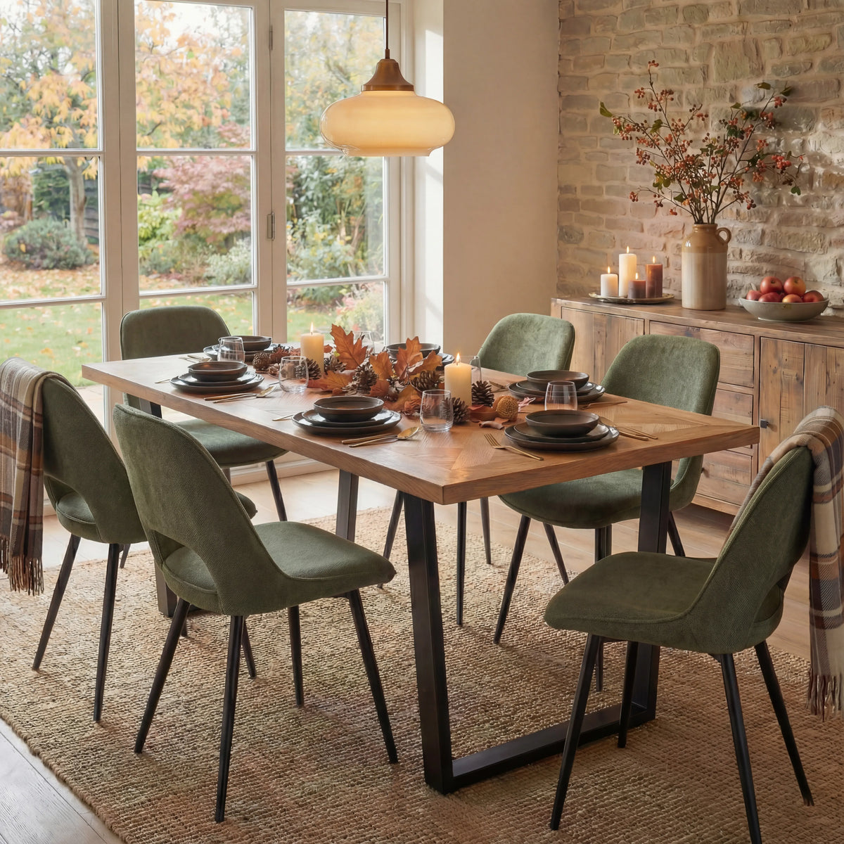 [6 Seater | Green] Autumn dining scene on Aldridge oak parquet table with 6 green chairs and orange foliage decor.