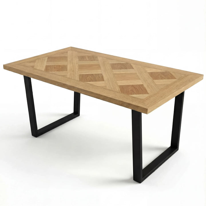 [6 Seater | Green] Bare Aldridge oak dining table with diamond wood inlay and matt black trapezoid metal base.