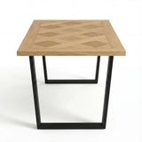 [6 Seater | Green] Aldridge dining table without chairs, corner view showing diamond parquet inlay and black base.