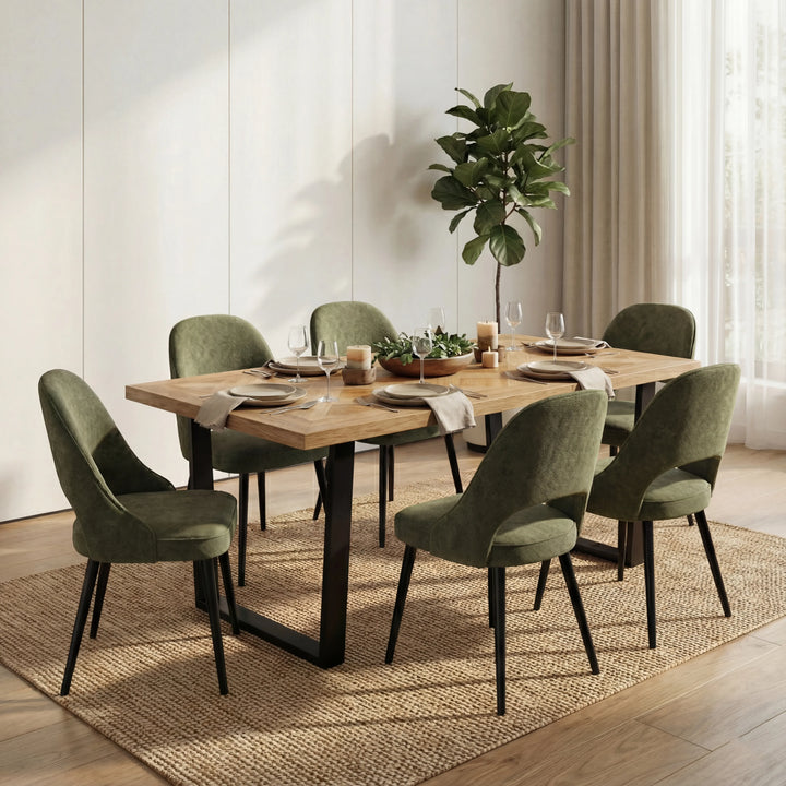 [6 Seater | Green] Aldridge dining table with 6 green scoop chairs and oak parquet top in panelled room with mirror.