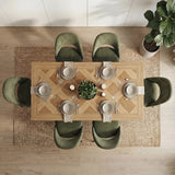 [6 Seater | Green] Overhead view of Aldridge 6 seater table with 6 green chairs and oak parquet diamond inlay top.