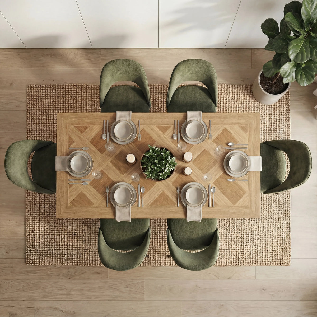 [6 Seater | Green] Overhead view of Aldridge 6 seater table with 6 green chairs and oak parquet diamond inlay top.