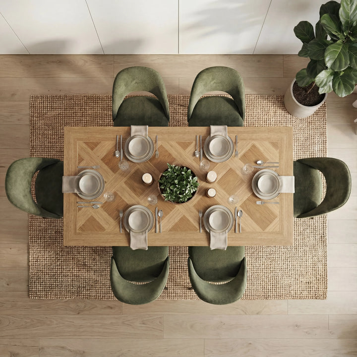 [6 Seater | Green] Overhead view of Aldridge 6 seater table with 6 green chairs and oak parquet diamond inlay top.