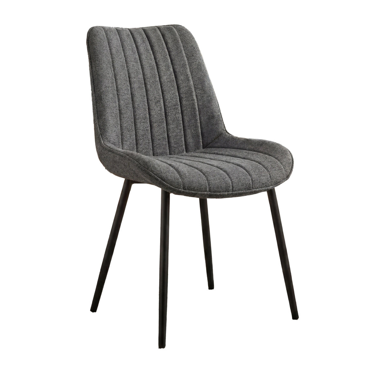 [6 Seater | Grey] Grey upholstered Aldridge chair with channel stitching and 4 splayed black tapered legs.