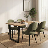 [4 Seater | Green] 4 green curved-back dining chairs flank the Aldridge oak table on jute rug with plant on console.