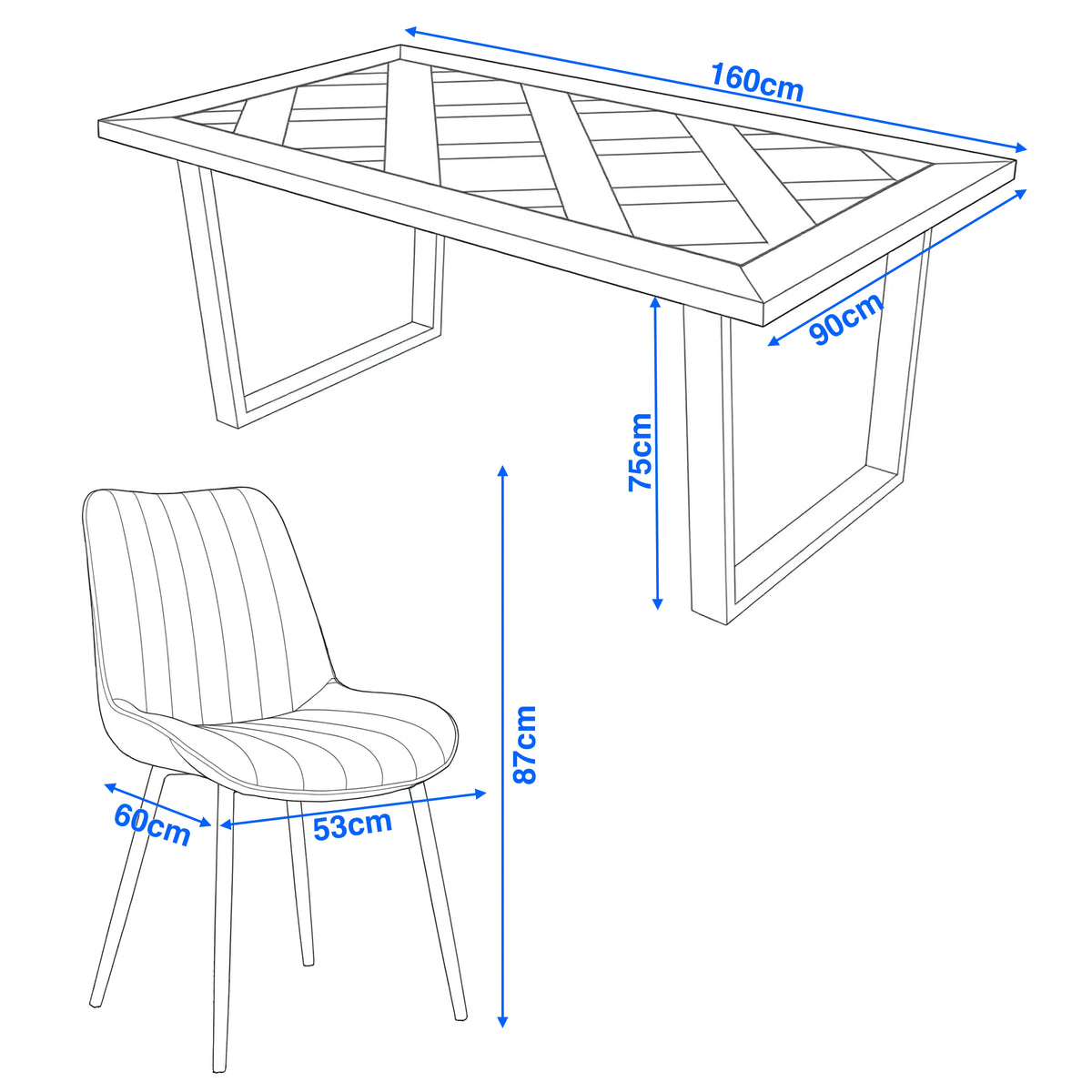 [4 Seater | Grey] Aldridge dining table diagram shows table 160 x 90 x 75 cm with chairs 60 x 53 x 87 cm.