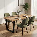 [4 Seater | Green] Bright dining scene with 4 green Aldridge chairs around the oak parquet table on a jute rug.