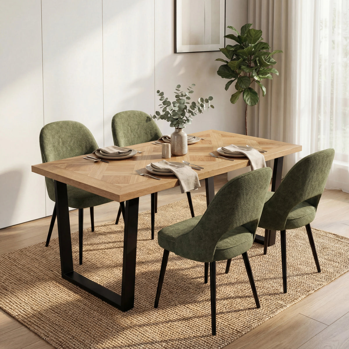 [4 Seater | Green] Bright dining scene with 4 green Aldridge chairs around the oak parquet table on a jute rug.